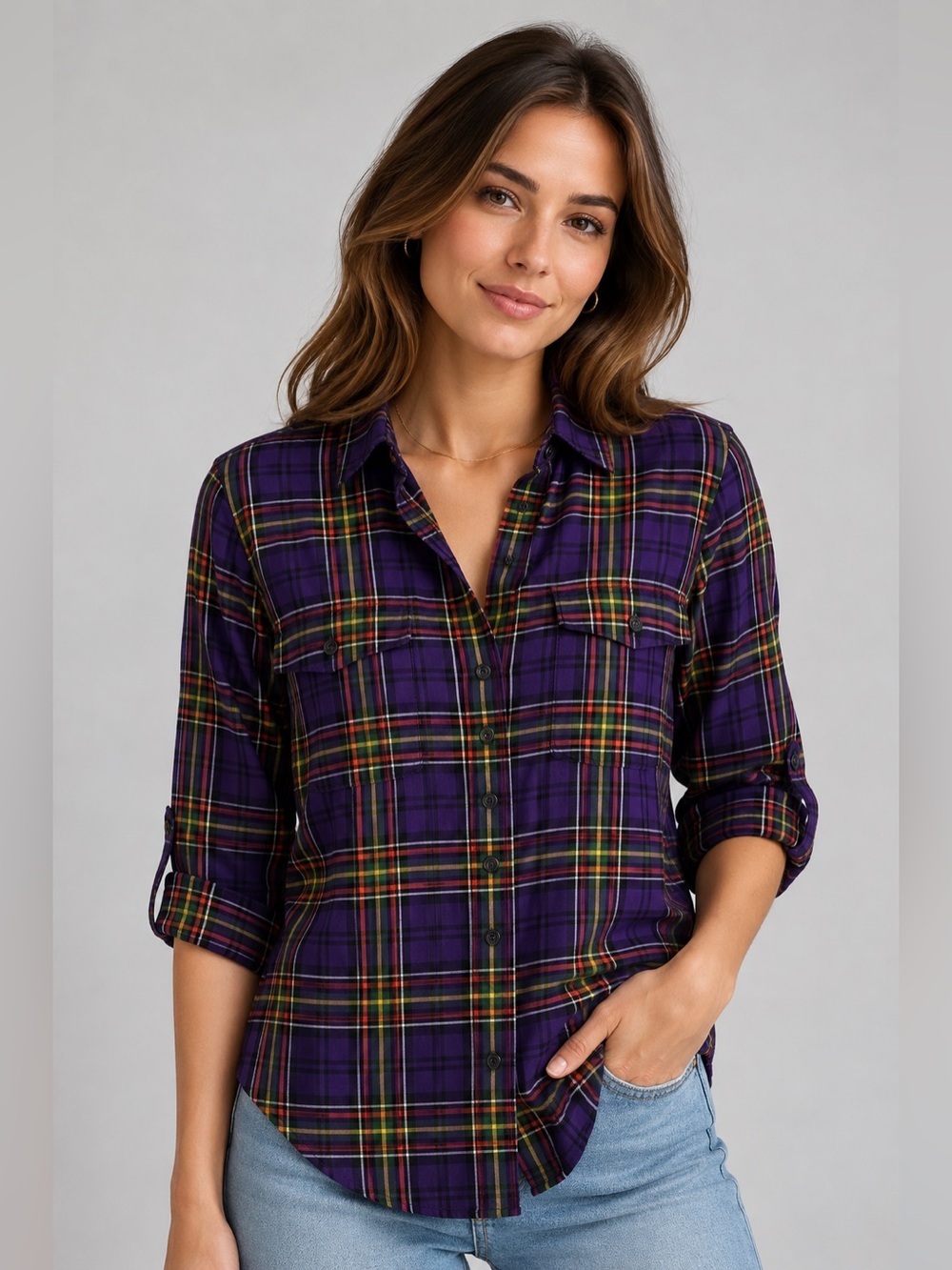 Lauren Jeans Co Ralph Lauren Purple Plaid Roll-Tab Shirt PL